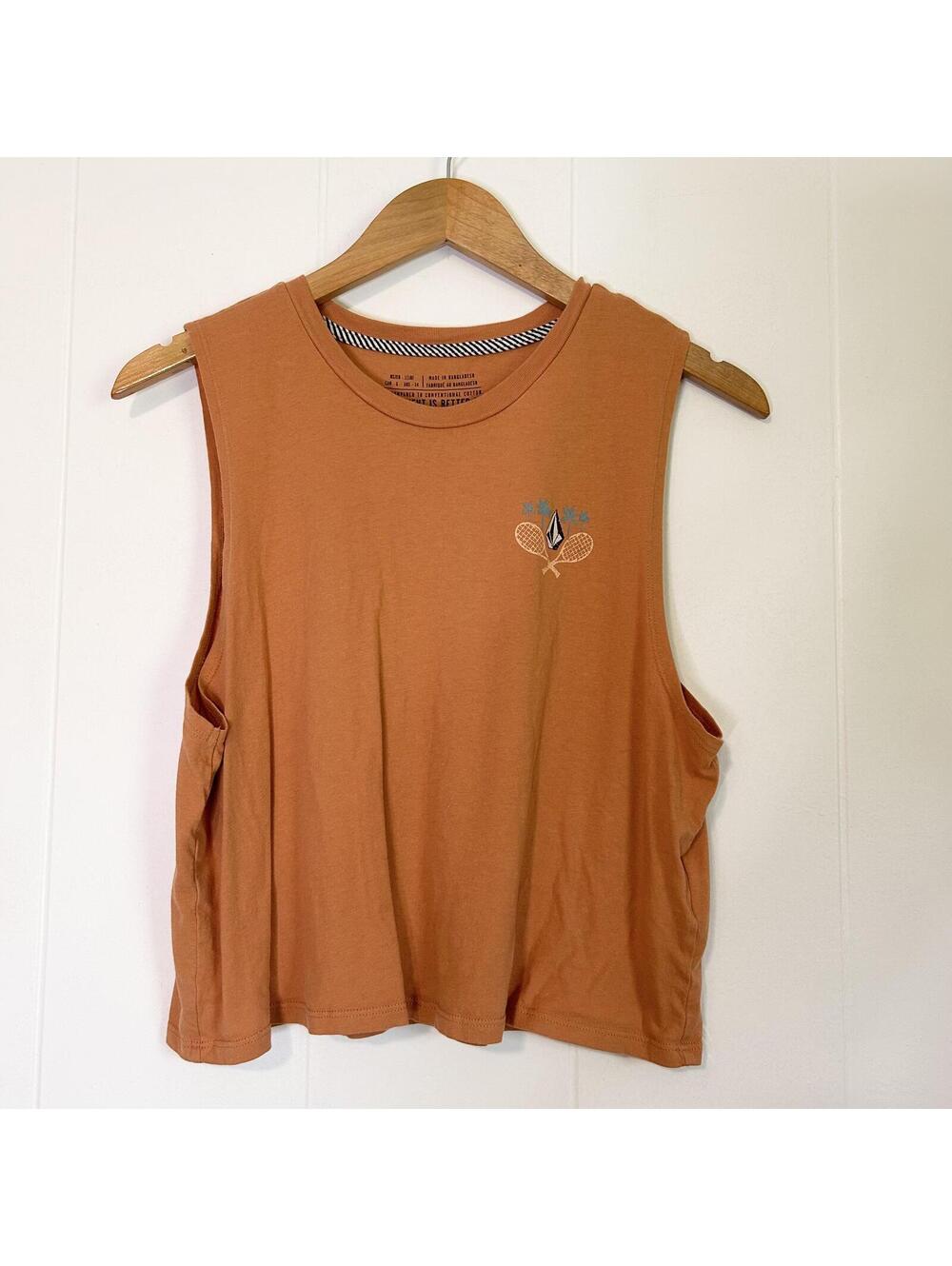 Volcom Brown Orange Tennis Active Sleeveless Muscle Tee Shirt Women's Large